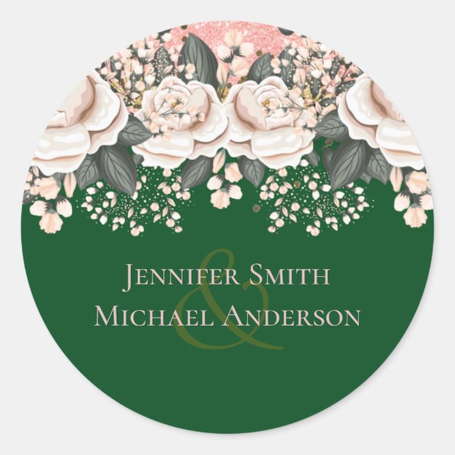 Botanical Green Pink Floral Wedding Budget Classic Round Sticker (Front)