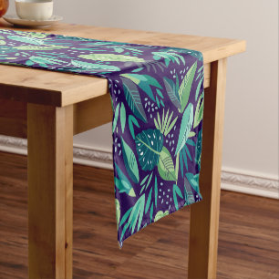 Botanical Green & Purple Leafs Pattern Short Table Runner