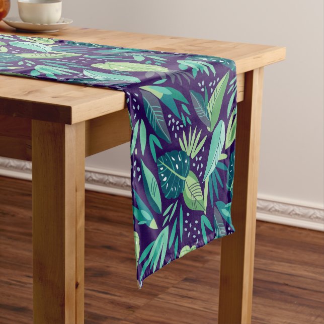 Botanical Green & Purple Leafs Pattern Short Table Runner (In Situ)