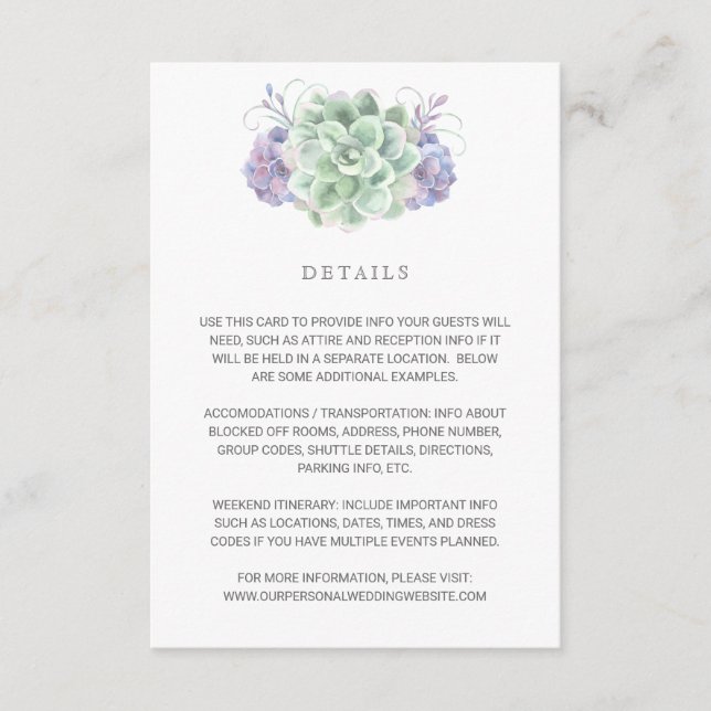 Botanical Green Purple Succulent Wedding Details Enclosure Card (Front)
