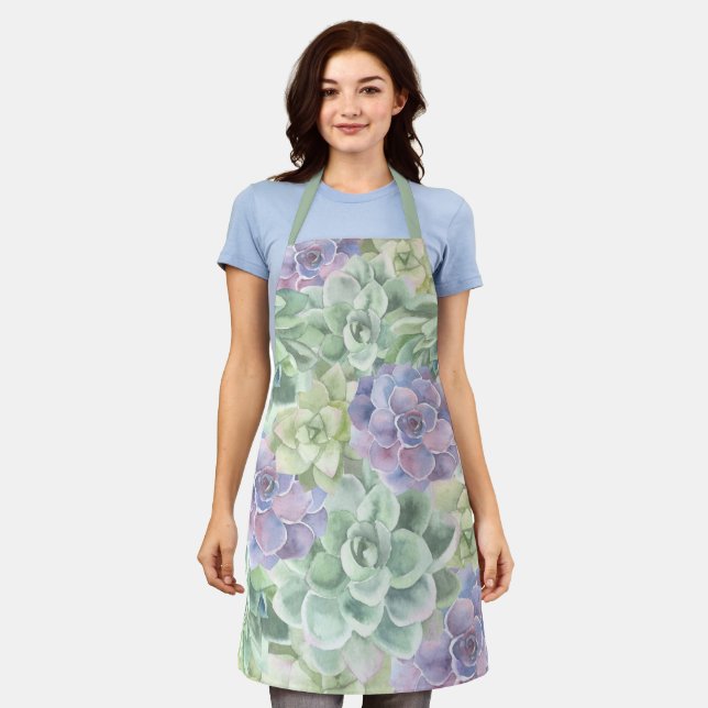 Botanical Green Purple Watercolor Succulents Apron (Worn)