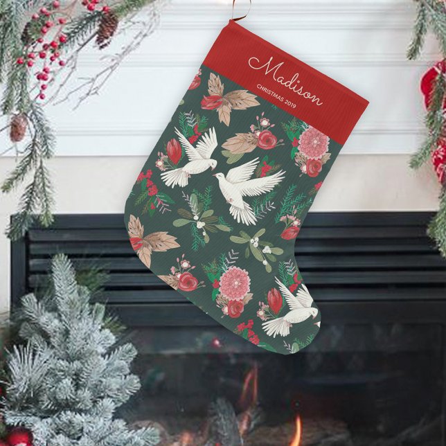 Botanical Green & Red Birds Doves floral pattern Large Christmas Stocking (Botanical Green & Red Birds Doves floral pattern Large Christmas Stocking)