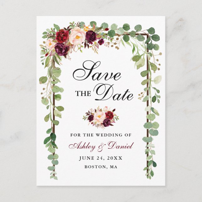 Botanical Green Save The Date Burgundy Floral Wood Announcement Postcard (Front)