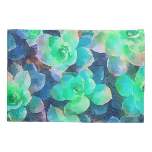 Botanical Green Shades Floral Succulent Watercolor Pillowcase