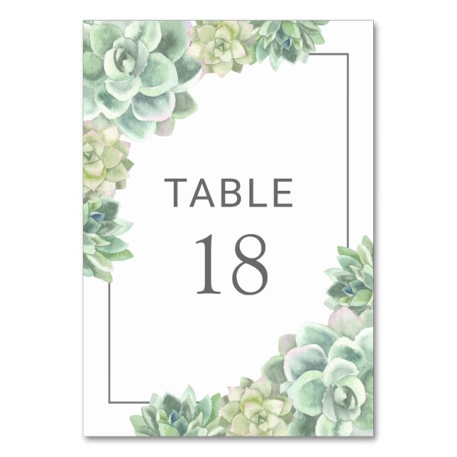 Botanical Green Succulents Elegant Wedding Table Number (Front)