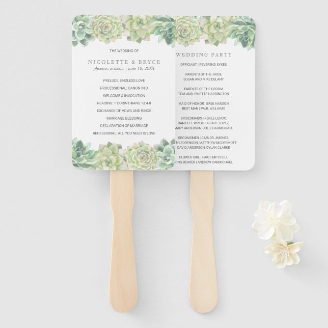Botanical Green Succulents Wedding Program Hand Fan (Front and Back)