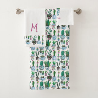 Botanical Green Tropical Cactus Succulent pattern Bath Towel Set