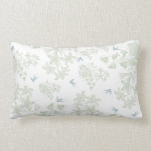 Botanical green vintage elegant floral grey birds lumbar cushion