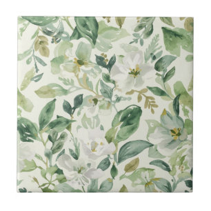 Botanical Green Watercolor Floral Leaves Nature Ceramic Tile