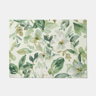 Botanical Green Watercolor Floral Leaves Nature Doormat