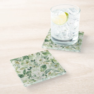 Botanical Green Watercolor Floral Leaves Nature Glass Coaster