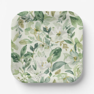 Botanical Green Watercolor Floral Leaves Nature  Paper Plate