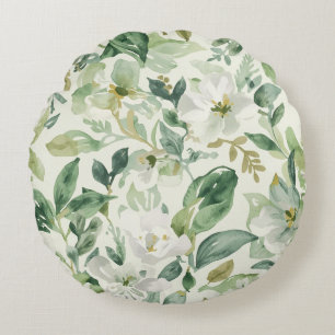 Botanical Green Watercolor Floral Leaves Nature Round Cushion