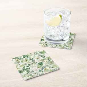 Botanical Green Watercolor Floral Leaves Nature Square Paper Coaster
