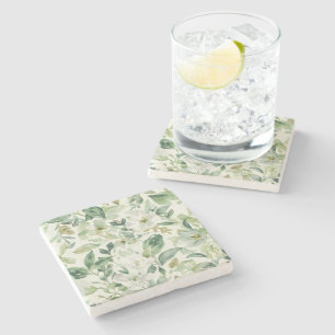 Botanical Green Watercolor Floral Leaves Nature Stone Coaster
