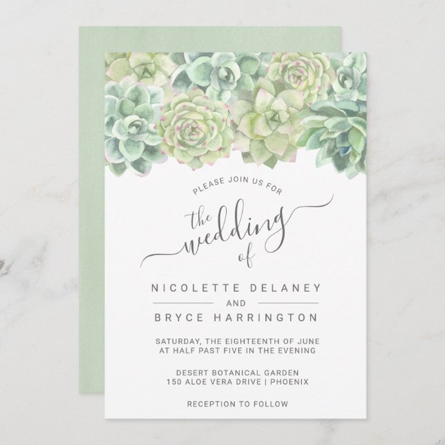 Botanical Green Watercolor Succulents Wedding Invitation (Front/Back)