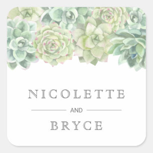 Botanical Green Watercolor Succulents Wedding Square Sticker