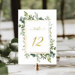 Botanical Green Wedding Gold Glitter Number 12, Table Number<br><div class="desc">Table 12. Please check all available numbers. | This wedding table number features painted watercolor eucalyptus greenery and green leaves with a faux gold glitter rectangular frame,  text,  and number. For more advanced customisation of this design,  please click the BLUE DESIGN TOOL BUTTON above!</div>