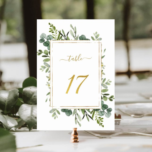 Botanical Green Wedding Gold Glitter Number 17,  Table Number (Creator Uploaded)
