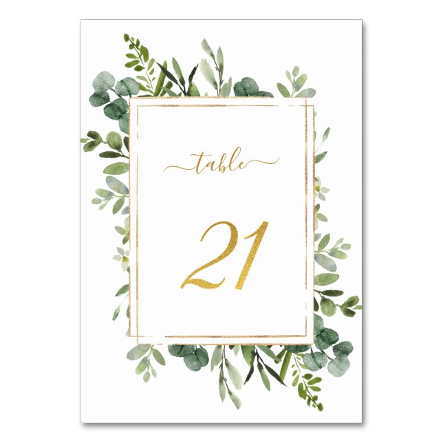 Botanical Green Wedding Gold Glitter Number 21,  Table Number (Front)