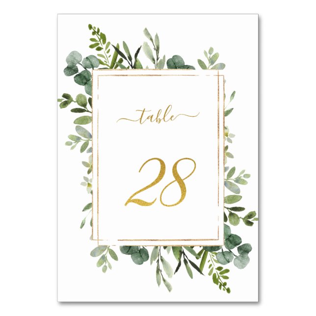 Botanical Green Wedding Gold Glitter Number 28,  Table Number (Front)