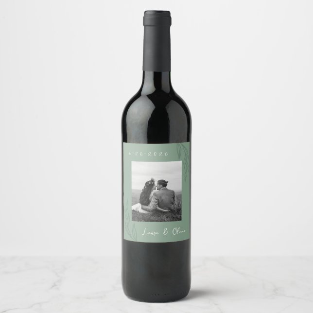 Botanical Green Wedding Photo Wine Label (Front)