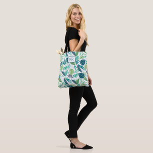 Botanical Green & White Leafs Pattern Monogram Tote Bag