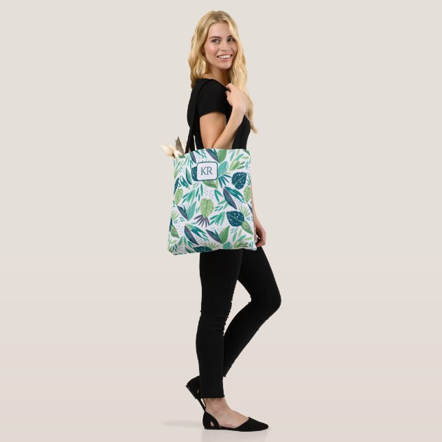 Botanical Green & White Leafs Pattern Monogram Tote Bag (On Model)