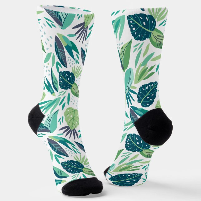 Botanical Green & White Leafs Pattern Socks (Angled)