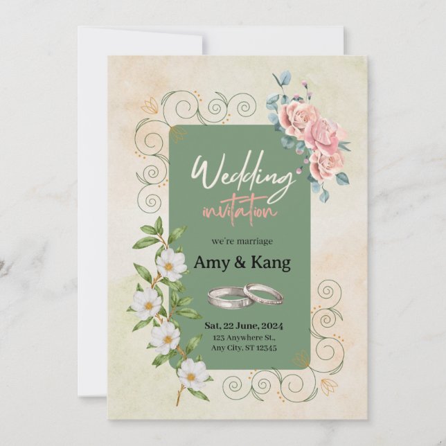Botanical green white watercolor floral wedding invitation (Front)