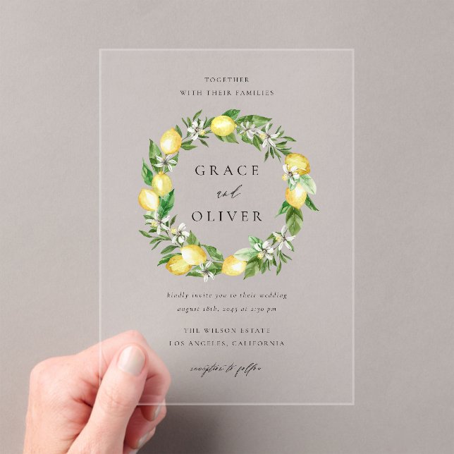 Botanical Greenery and Lemon Wreath Summer Wedding Acrylic Invitations (Insitu (Handheld))