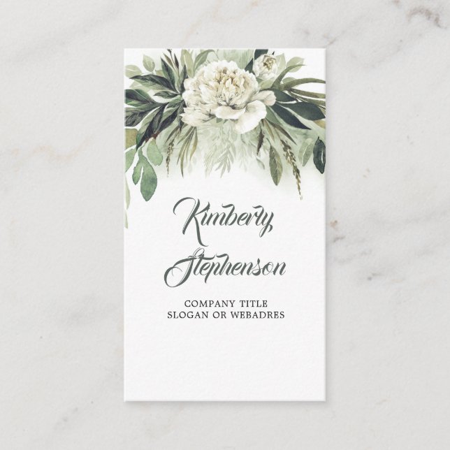 Botanical Greenery and White Peony Garland Garden Business Card (Front)