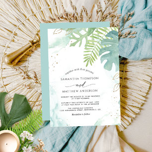 Botanical Greenery,  Aqua Blue Watercolor Wedding Invitation