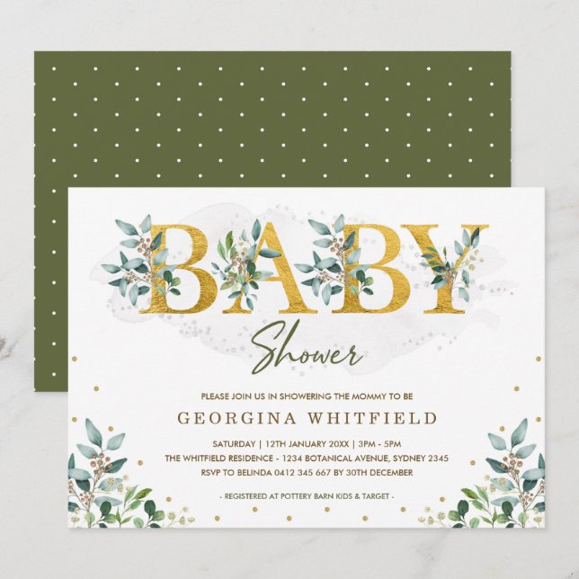 Botanical Greenery Baby Shower / Green Gold Leaves Invitation (Front/Back)