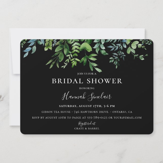 Botanical Greenery Black Bridal Shower Invitation (Front)