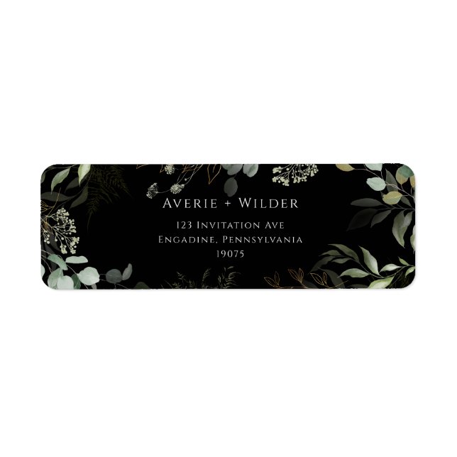 Botanical Greenery Black Gold Return Address Label (Front)