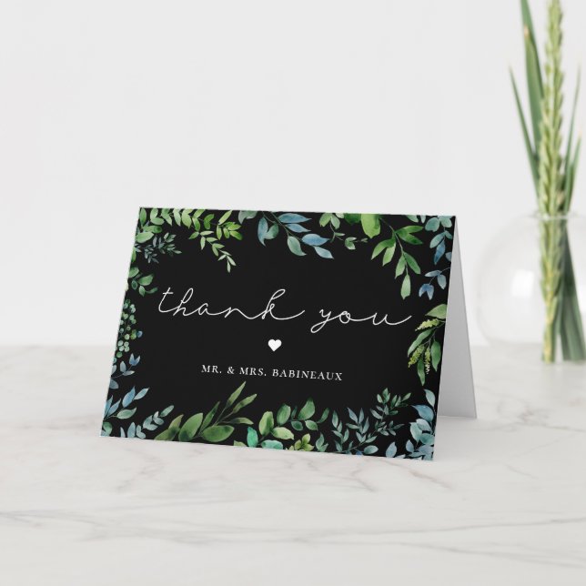 Botanical greenery Black Wedding Photo Thank You (Front)