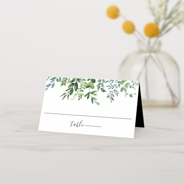 Botanical Greenery Black Wedding Place Card (Front)