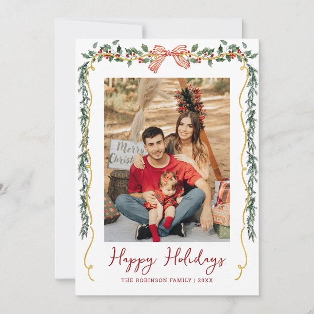 Botanical Greenery & Bow Happy Holidays 1 Photo Holiday Card (Front)