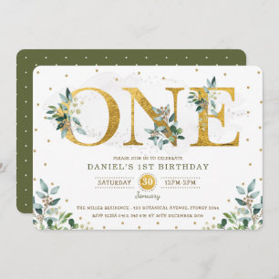 Botanical Greenery Boy 1st Birthday Party Invitation