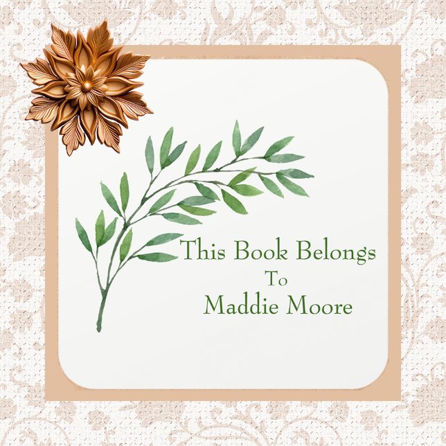 Botanical Greenery Branch Name Inscribed Square Sticker (Creator Uploaded)