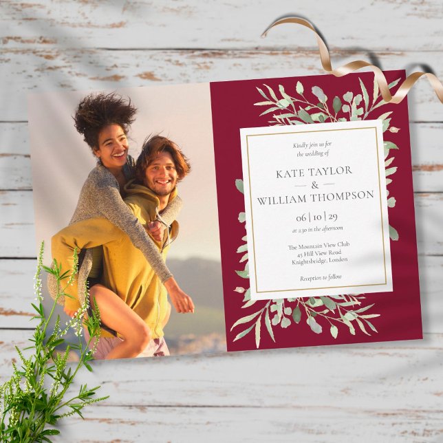 Botanical Greenery Burgundy Gold Photo Wedding Invitation (Creator Uploaded)