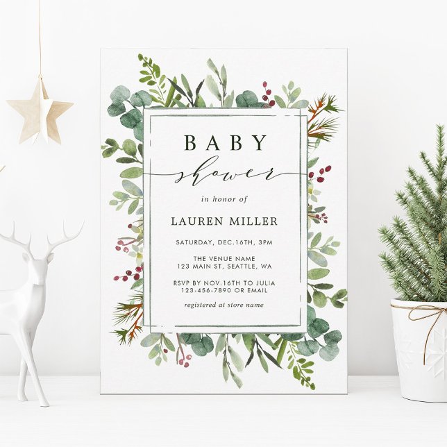 Botanical Greenery Christmas Baby Shower Invitation (Creator Uploaded)