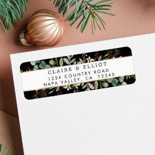 Botanical Greenery Christmas Black Return Address Label