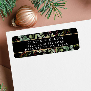 Botanical Greenery Christmas Black Return Address  Label