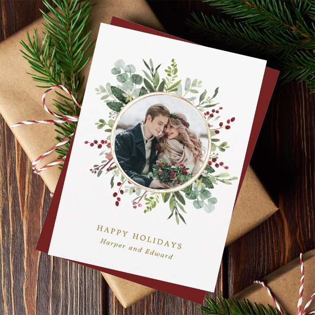 Botanical Greenery Christmas Gold Photo Holiday Card (Creator Uploaded)