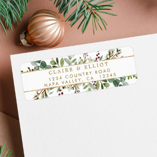 Botanical Greenery Christmas Gold Return Address Label