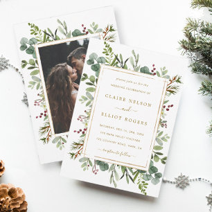 Botanical Greenery Christmas Gold Wedding Photo Invitation