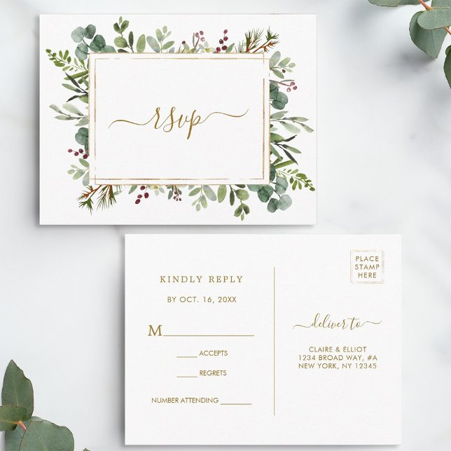 Botanical Greenery Christmas Gold Wedding RSVP Invitation Postcard (Front & Back)
