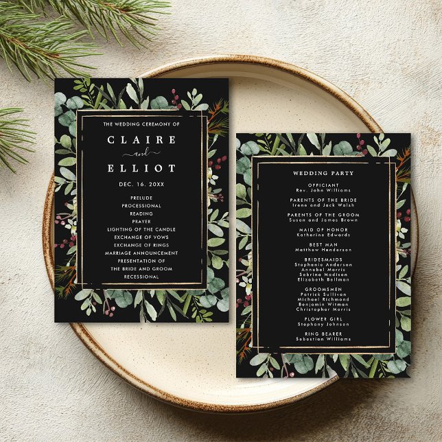 Botanical Greenery Christmas Holiday Black Wedding Program (Front & Back)